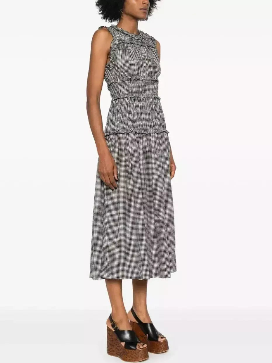 Black and White Check Smocked Midi Dress - Dresses