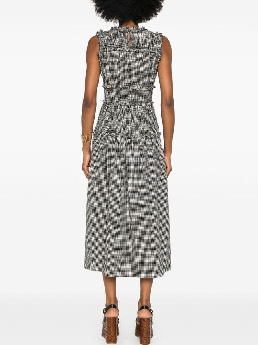 Black and White Check Smocked Midi Dress - Dresses