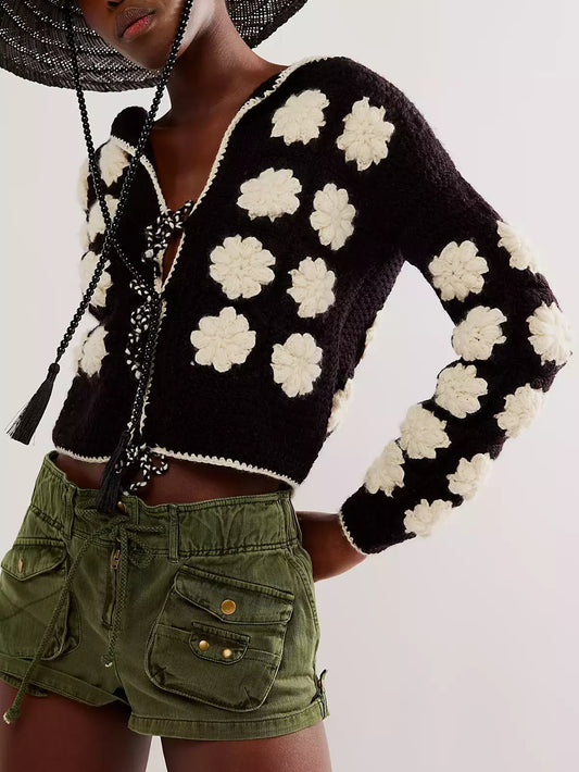 Black and White Daisy Crochet Cardigan Sweater - Sweaters & Knitwear