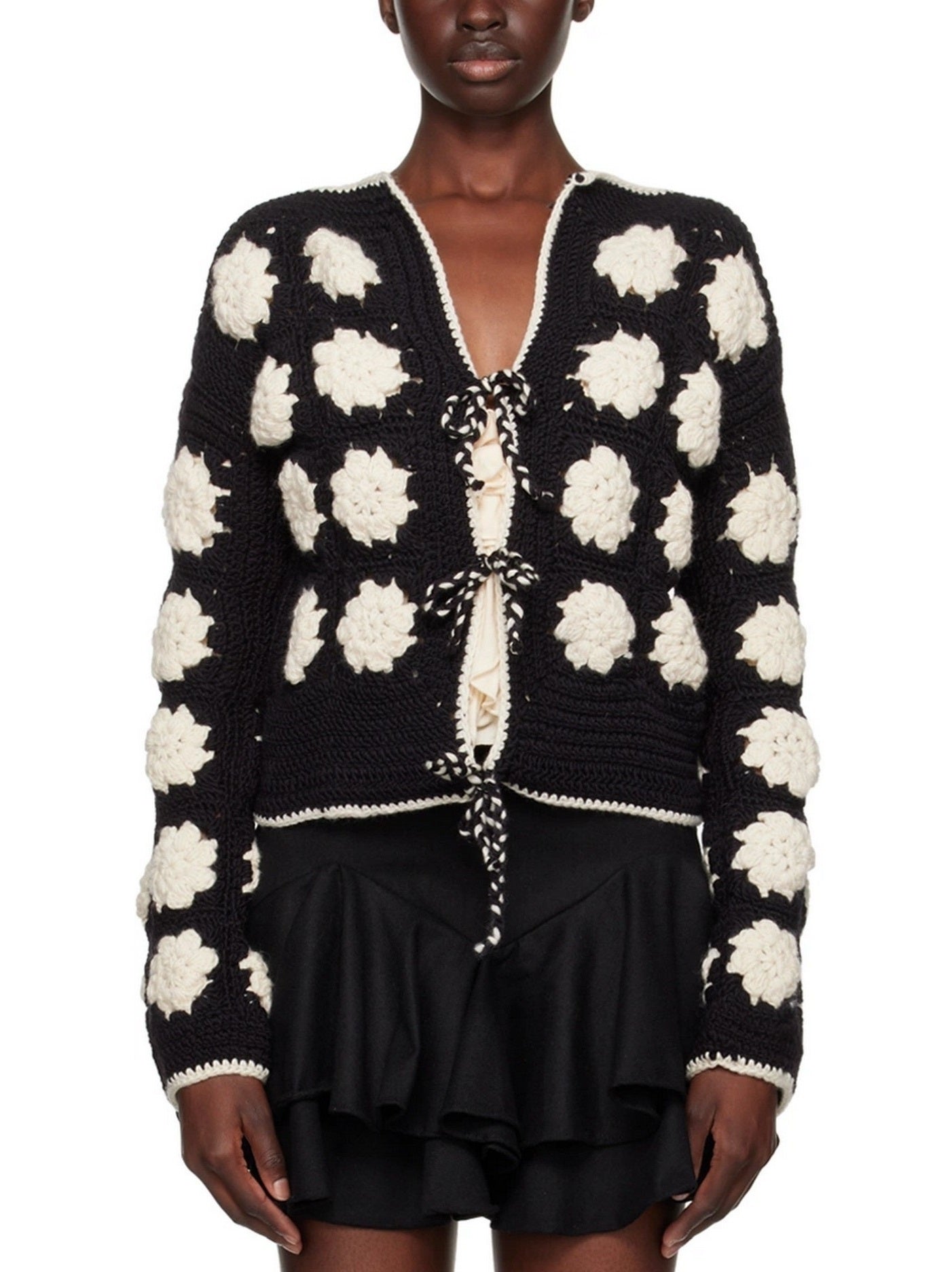 Black and White Daisy Crochet Cardigan Sweater - Sweaters & Knitwear