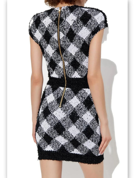 Black and White Diamond-Pattern Knit Mini Dress - Dresses