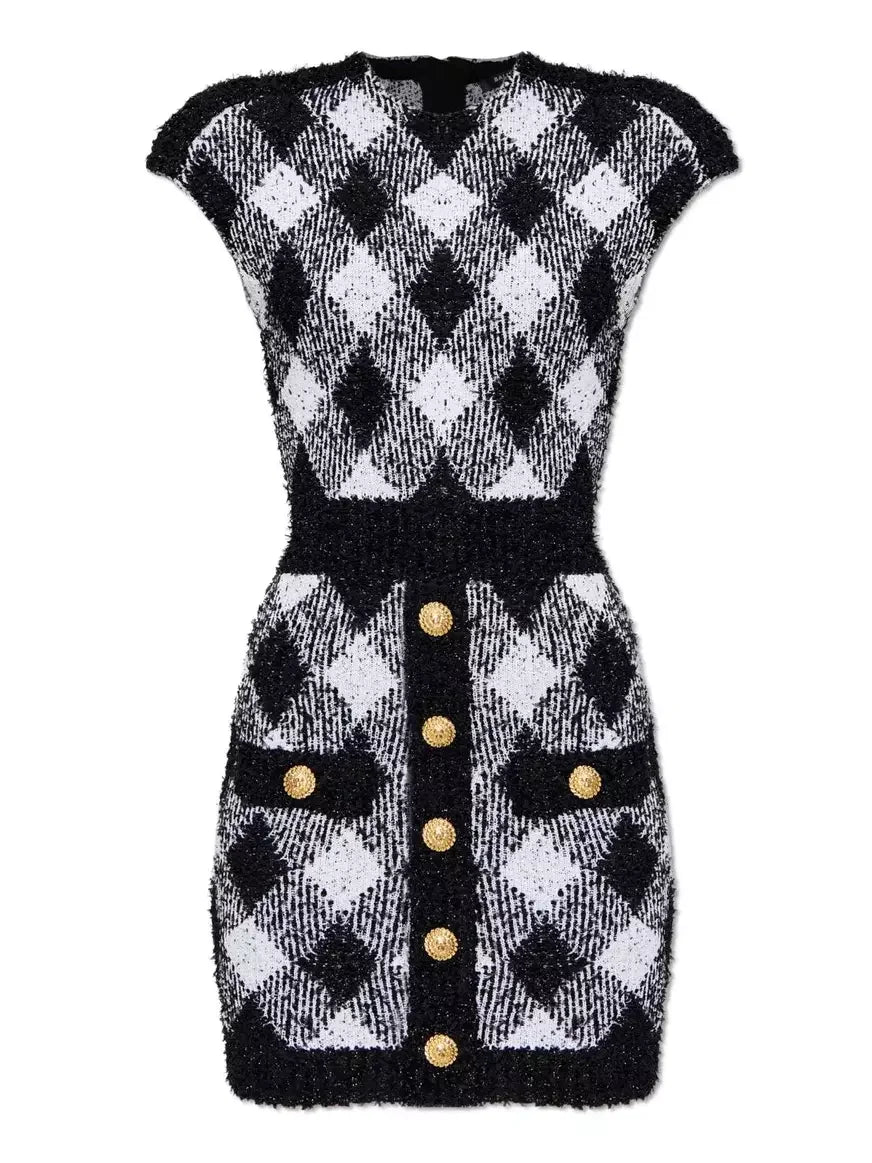 Black and White Diamond-Pattern Knit Mini Dress - Dresses