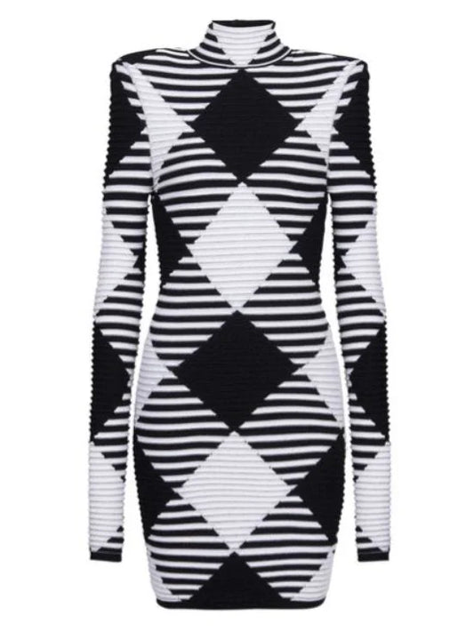 Black and White Gingham Mock-Neck Mini Dress - Dresses