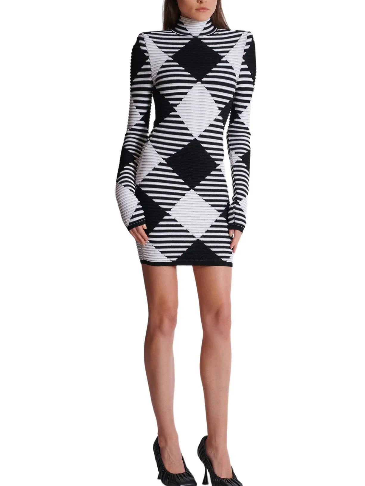 Black and White Gingham Mock-Neck Mini Dress - Dresses