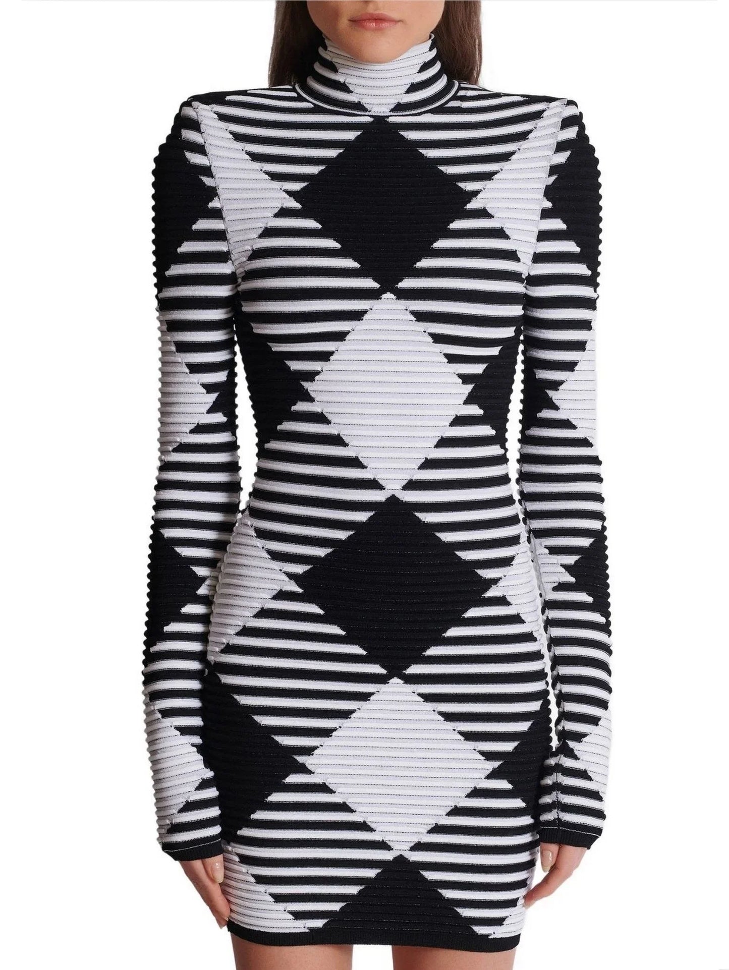 Black and White Gingham Mock-Neck Mini Dress - Dresses