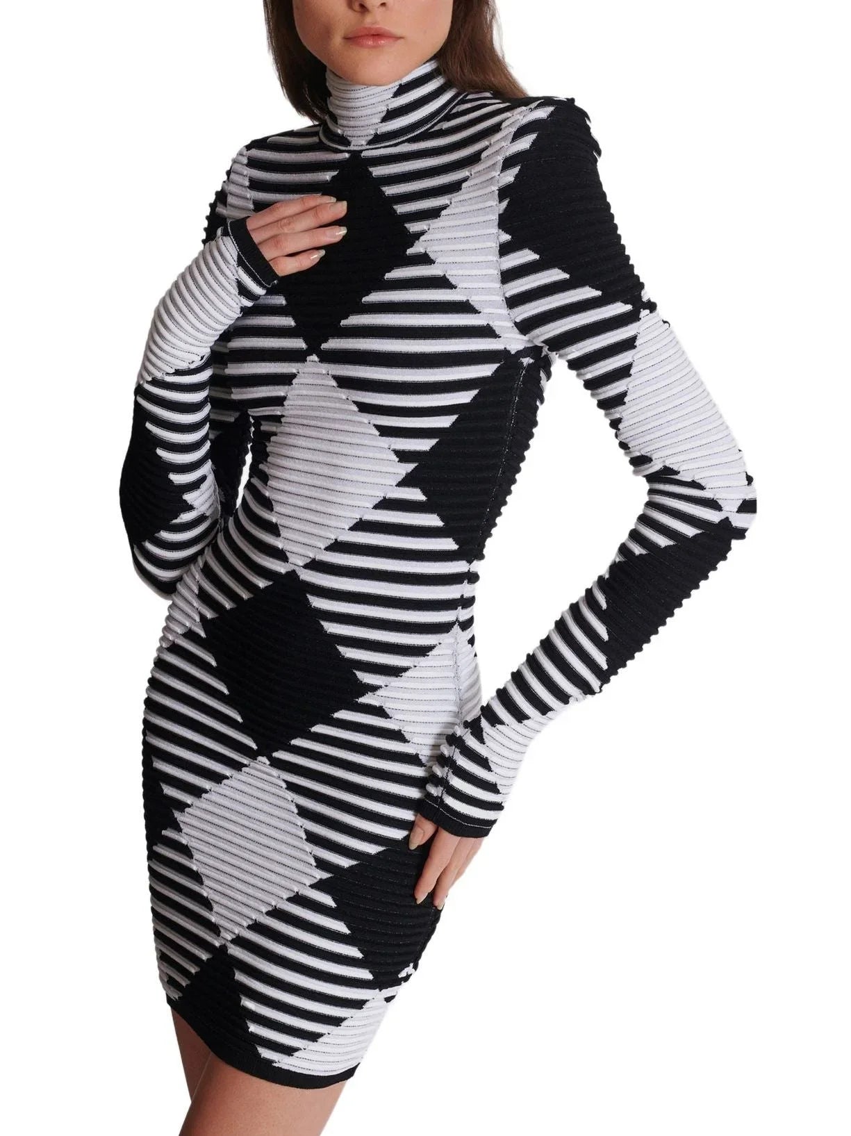 Black and White Gingham Mock-Neck Mini Dress - Dresses