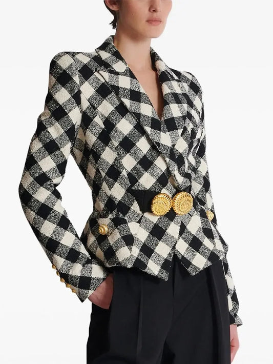 Black and White Gingham Jacket with Spiral Button Belt - Jackets