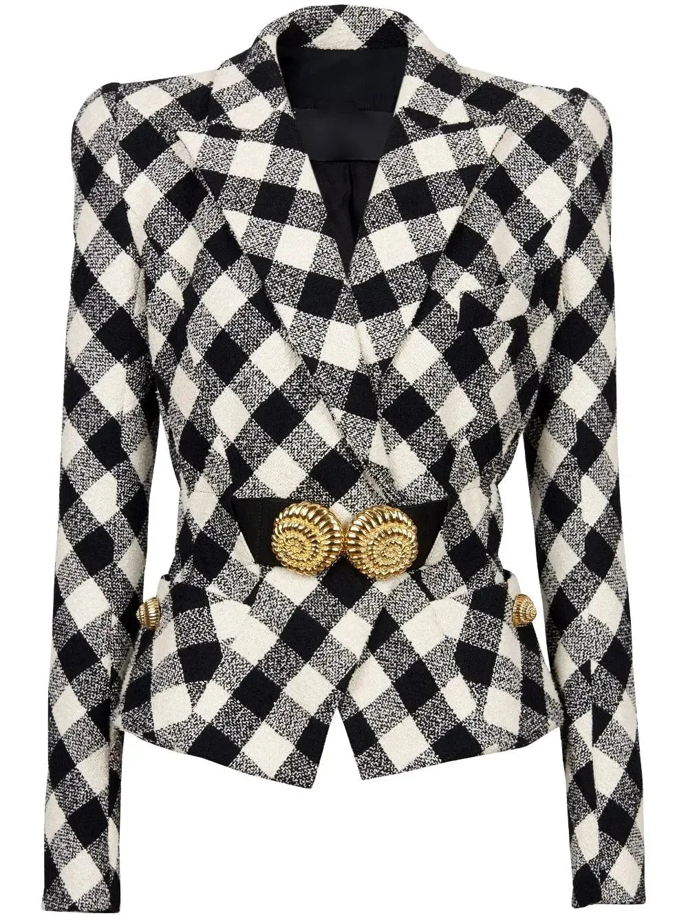 Black and White Gingham Jacket with Spiral Button Belt - Jackets