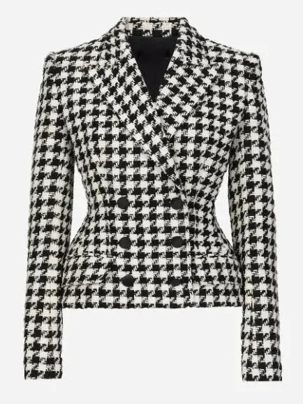 Black and White Houndstooth Double-Breasted Blazer Jacket - Jackets