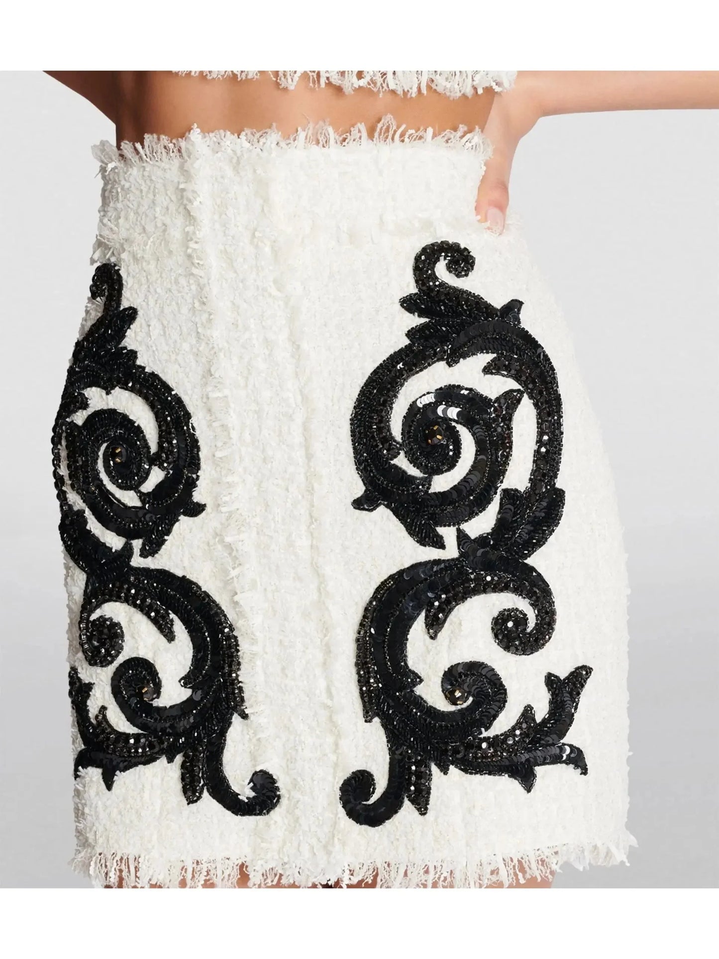 Black and White Paisley Tweed Skirt with Sequin Embroidery - Skirts