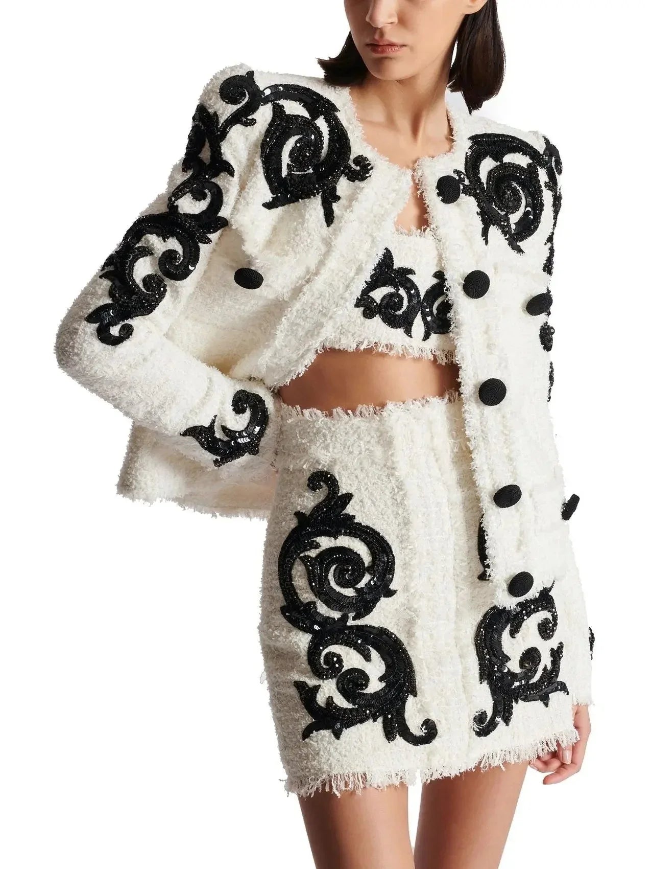 Black and White Paisley Tweed Skirt with Sequin Embroidery - Skirts