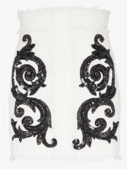 Black and White Paisley Tweed Skirt with Sequin Embroidery - Skirts