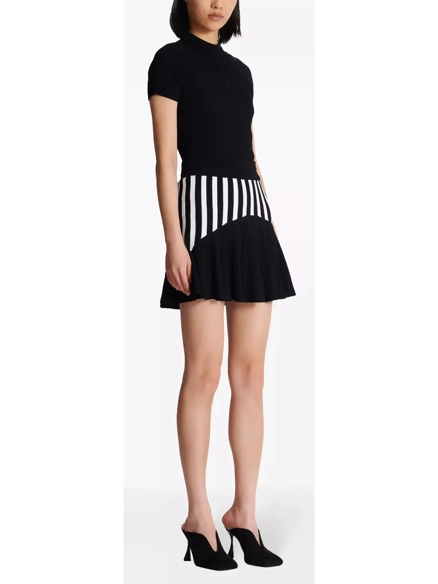 Black and White Pleated Striped Knit Skirt - Skirts