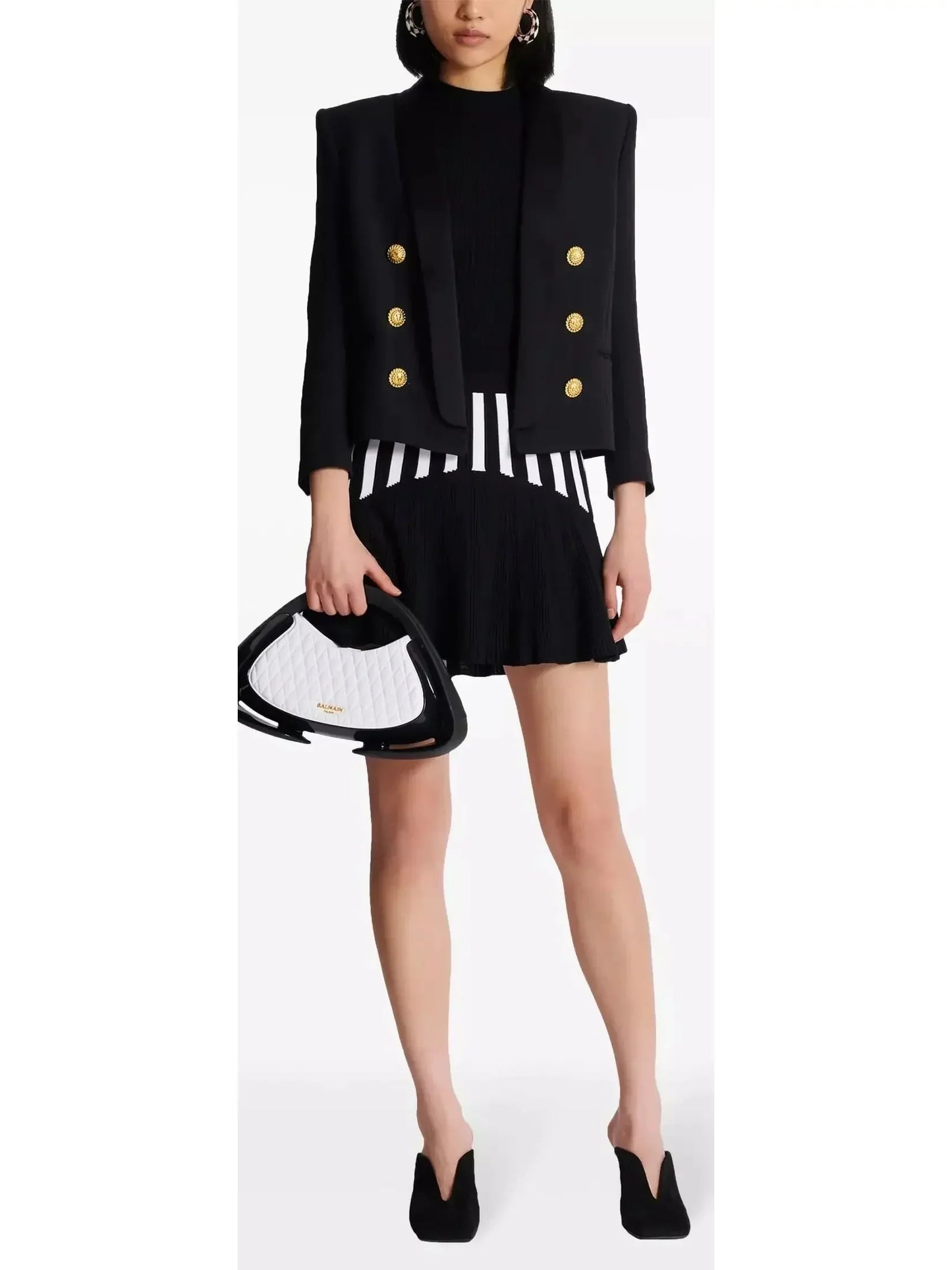 Black and White Pleated Striped Knit Skirt - Skirts