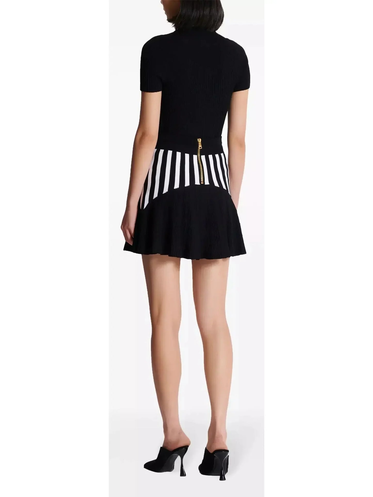 Black and White Pleated Striped Knit Skirt - Skirts
