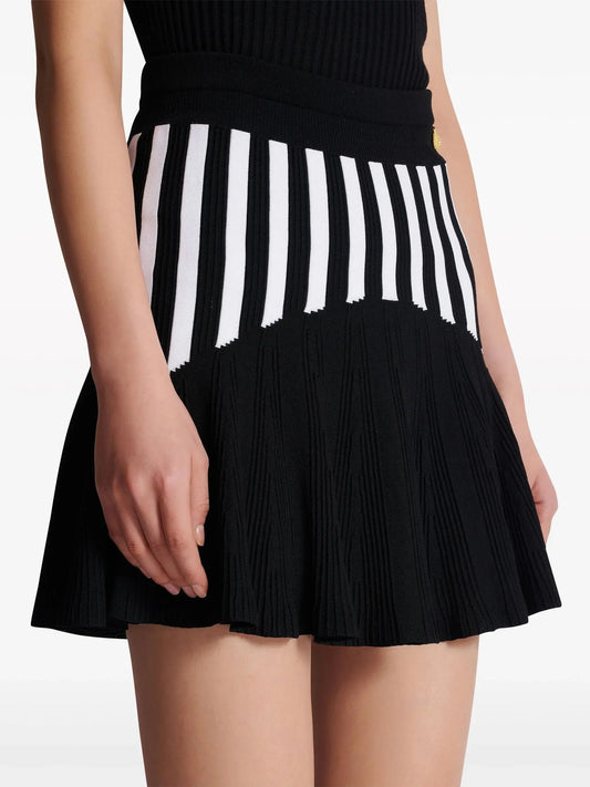 Black and White Pleated Striped Knit Skirt - Skirts