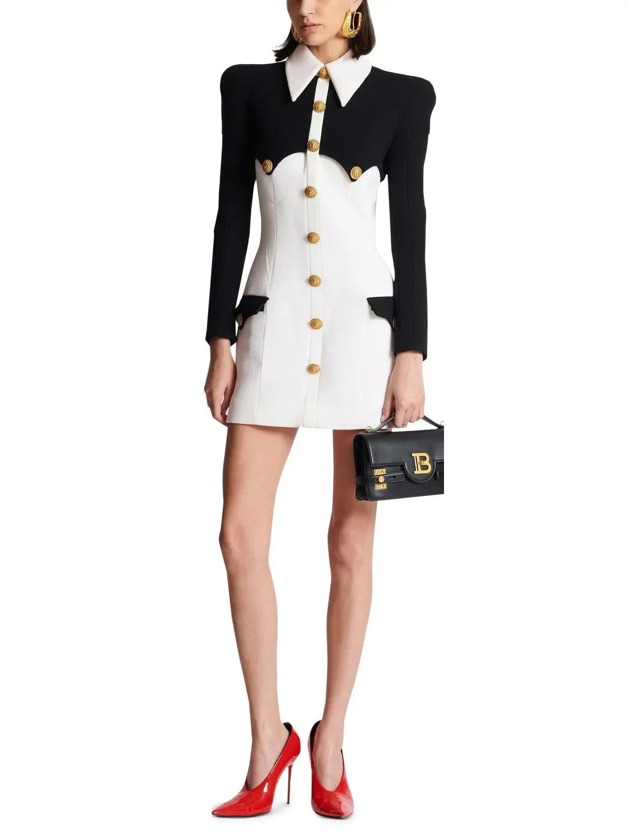 Black and White Short Buttoned Crepe Dress - Dresses