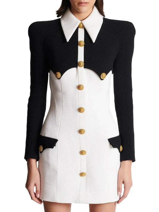 Black and White Short Buttoned Crepe Dress - Dresses