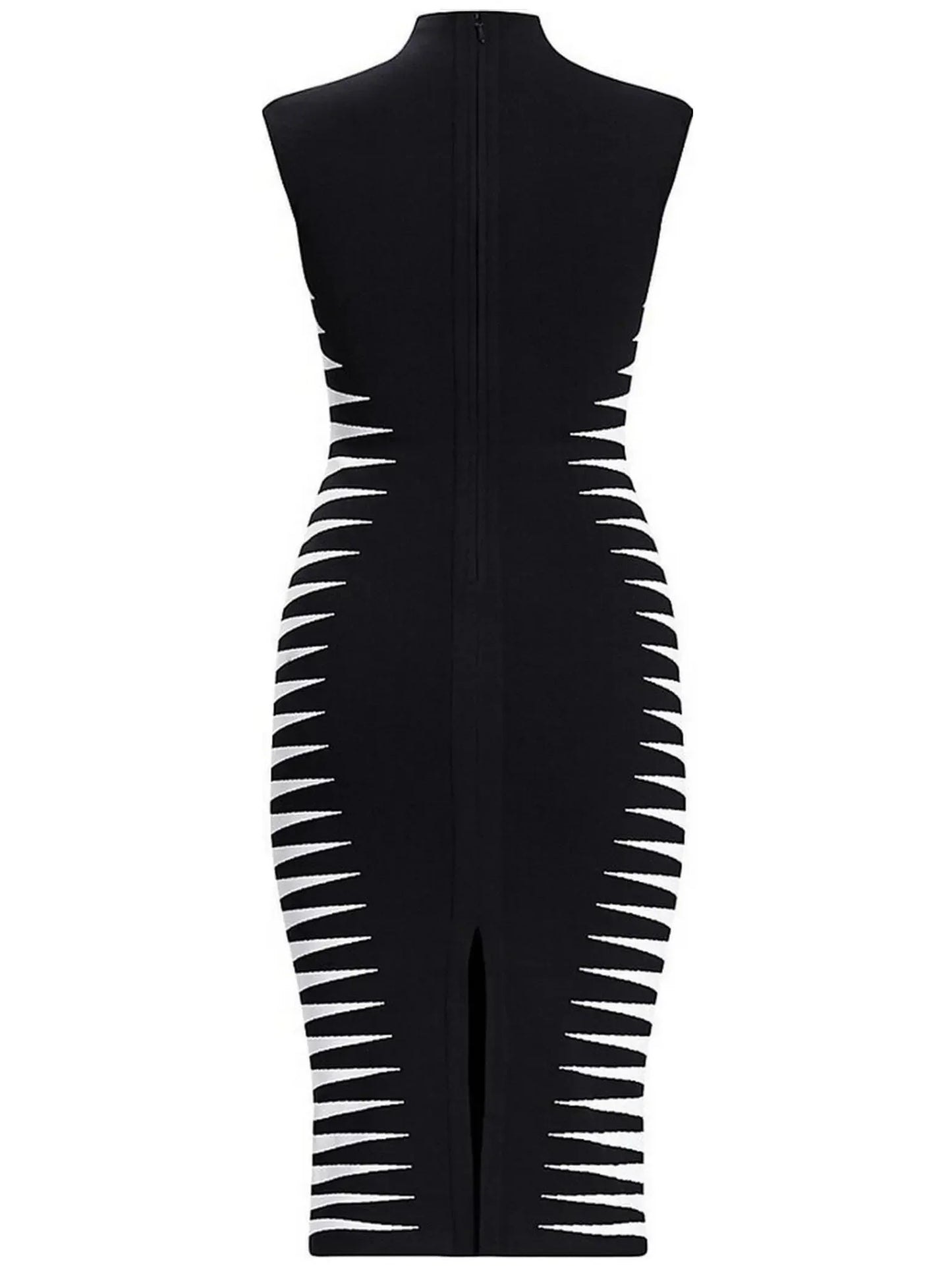 Black and White Side-Stripe Mock-Neck Midi Dress - Dresses