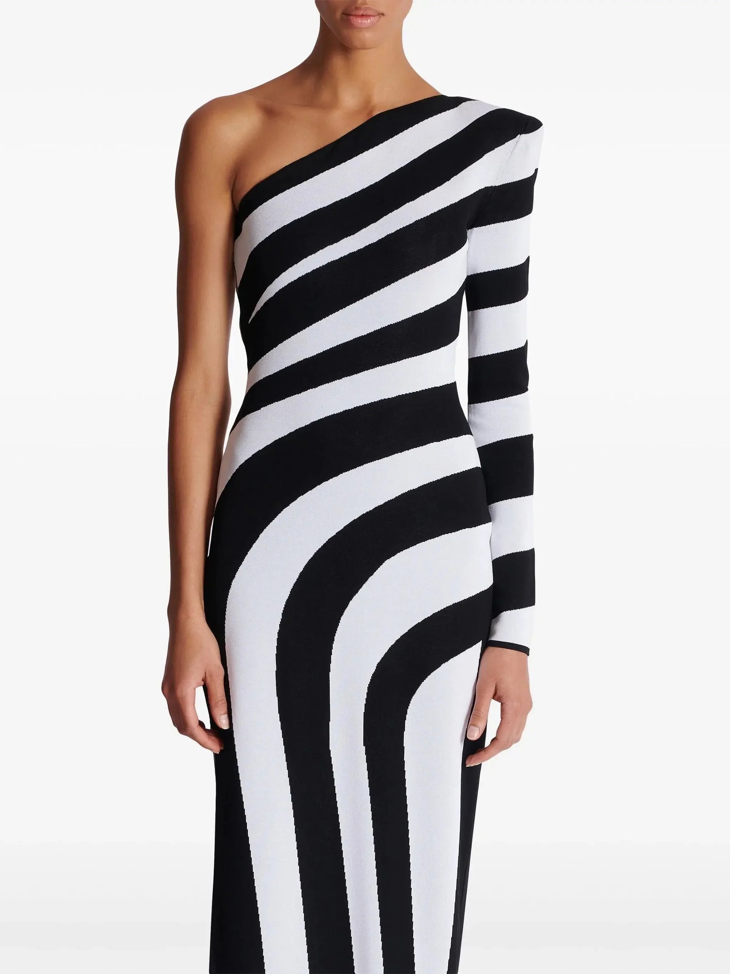 Black and White Striped One-Shoulder Gown - Dresses