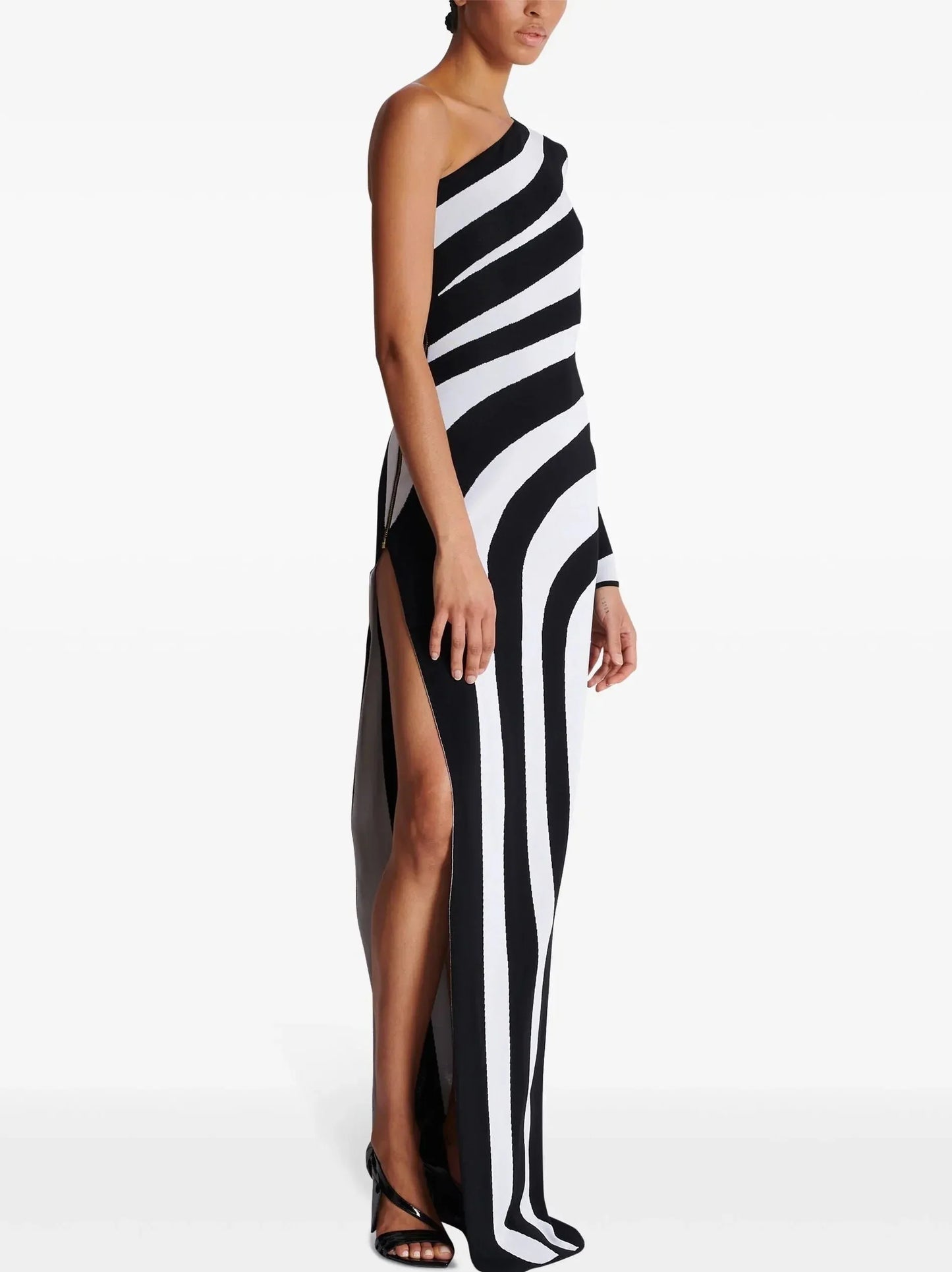 Black and White Striped One-Shoulder Gown - Dresses