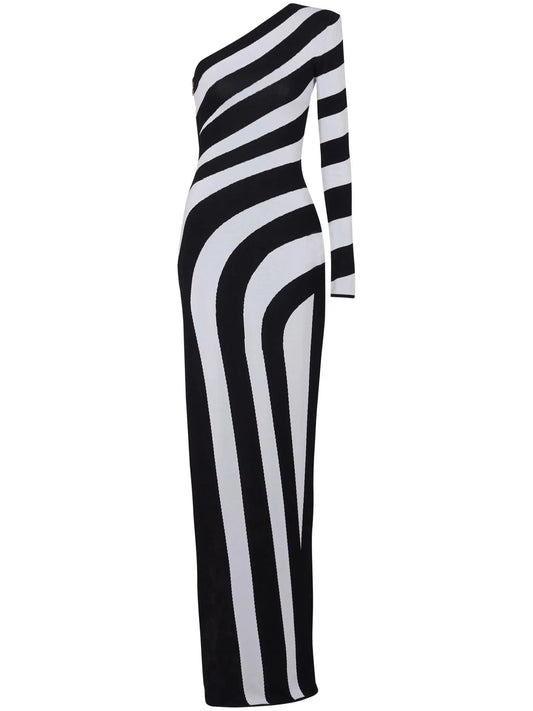 Black and White Striped One-Shoulder Gown - Dresses