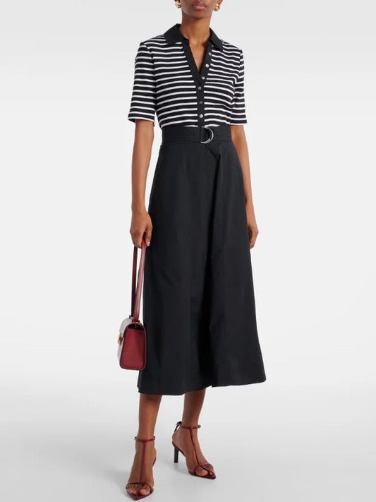 Black and White Striped Stretch Belted Midi Dress - Dresses