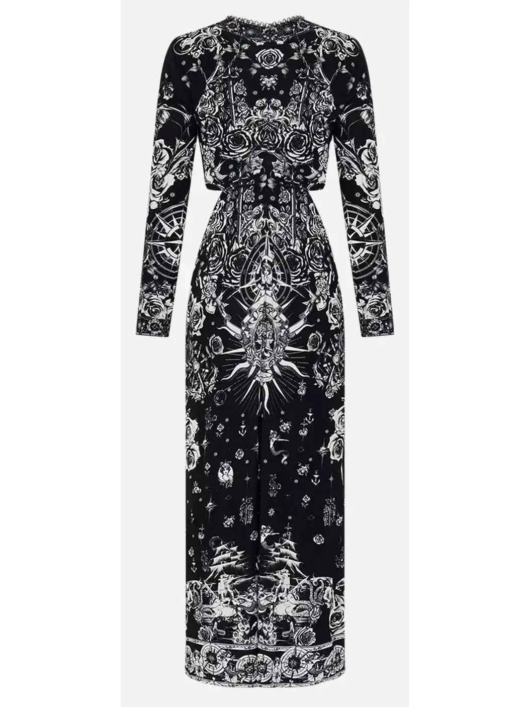 Black and White Tattoo Printed Cut-Out Embellished V-Neck Silk Midi Dress - Dresses