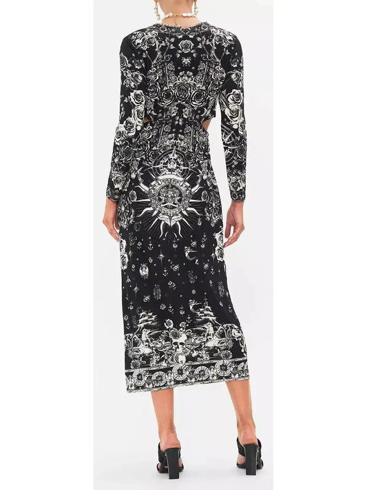Black and White Tattoo Printed Cut-Out Embellished V-Neck Silk Midi Dress - Dresses