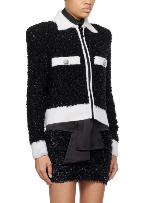 Black and White Tweed Textured Jacket with Zip Closure - Jackets