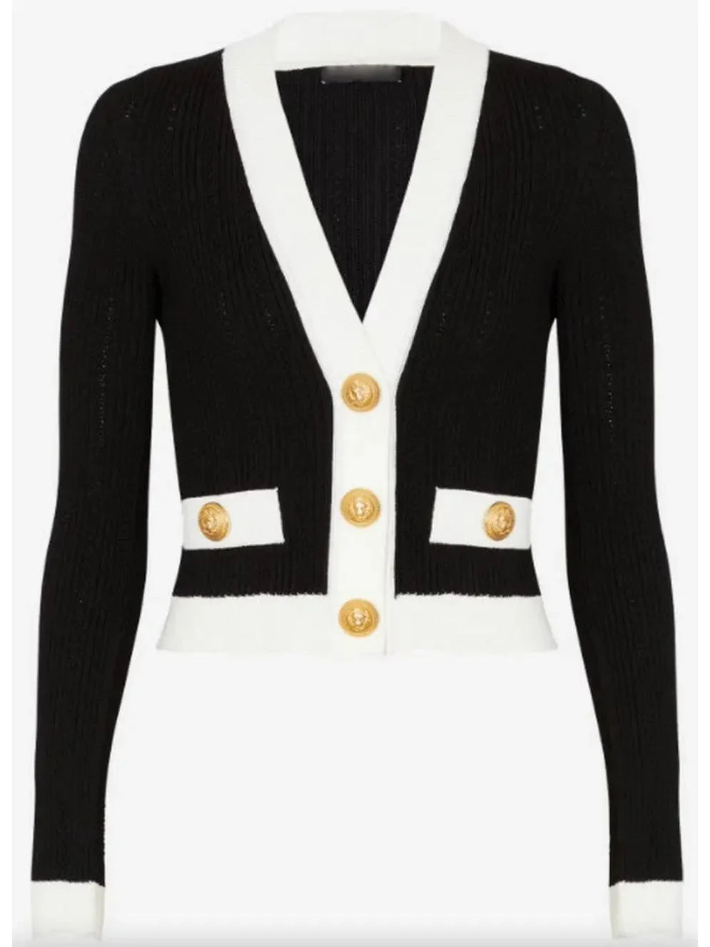 Black and White V-Neck Knit Cardigan - Sweaters & Knitwear