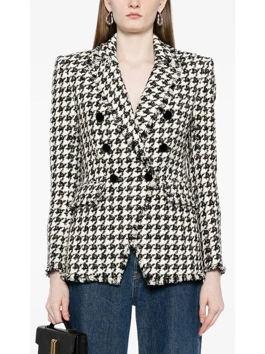 Black and White Wool-Blend Double-Breasted Houndstooth Blazer - Jackets