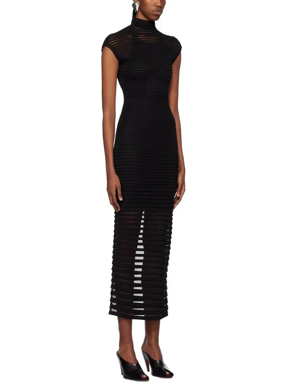 Black Backless Striped Semi-Sheer Maxi Dress - Dresses