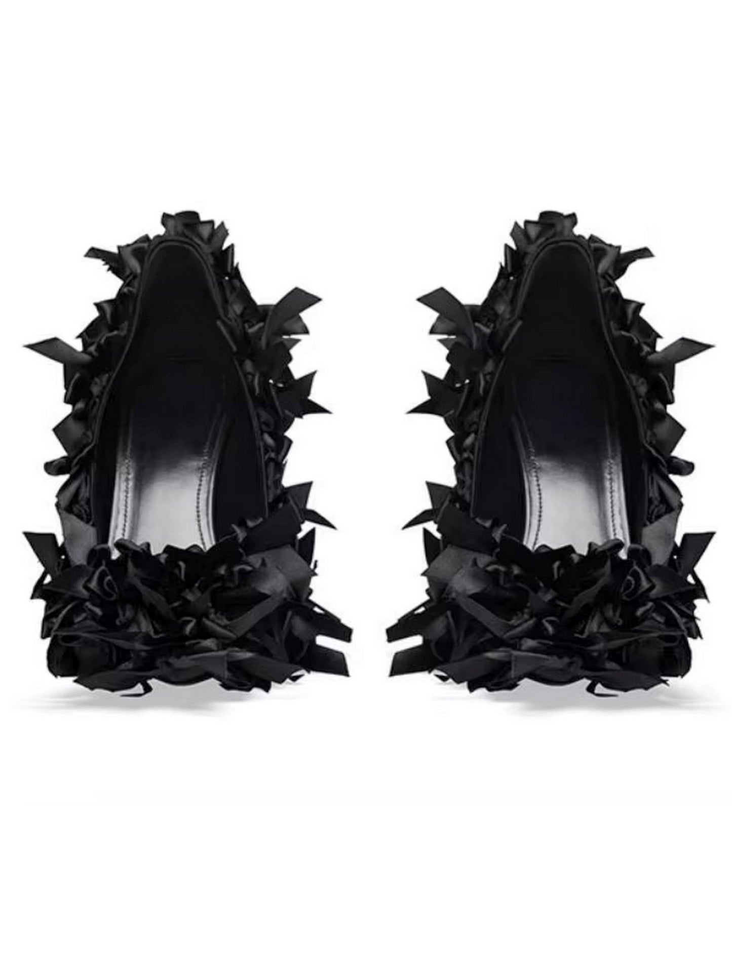 Black stiletto heel shoe with fabric ruffles and bow-embellished pointed toe design