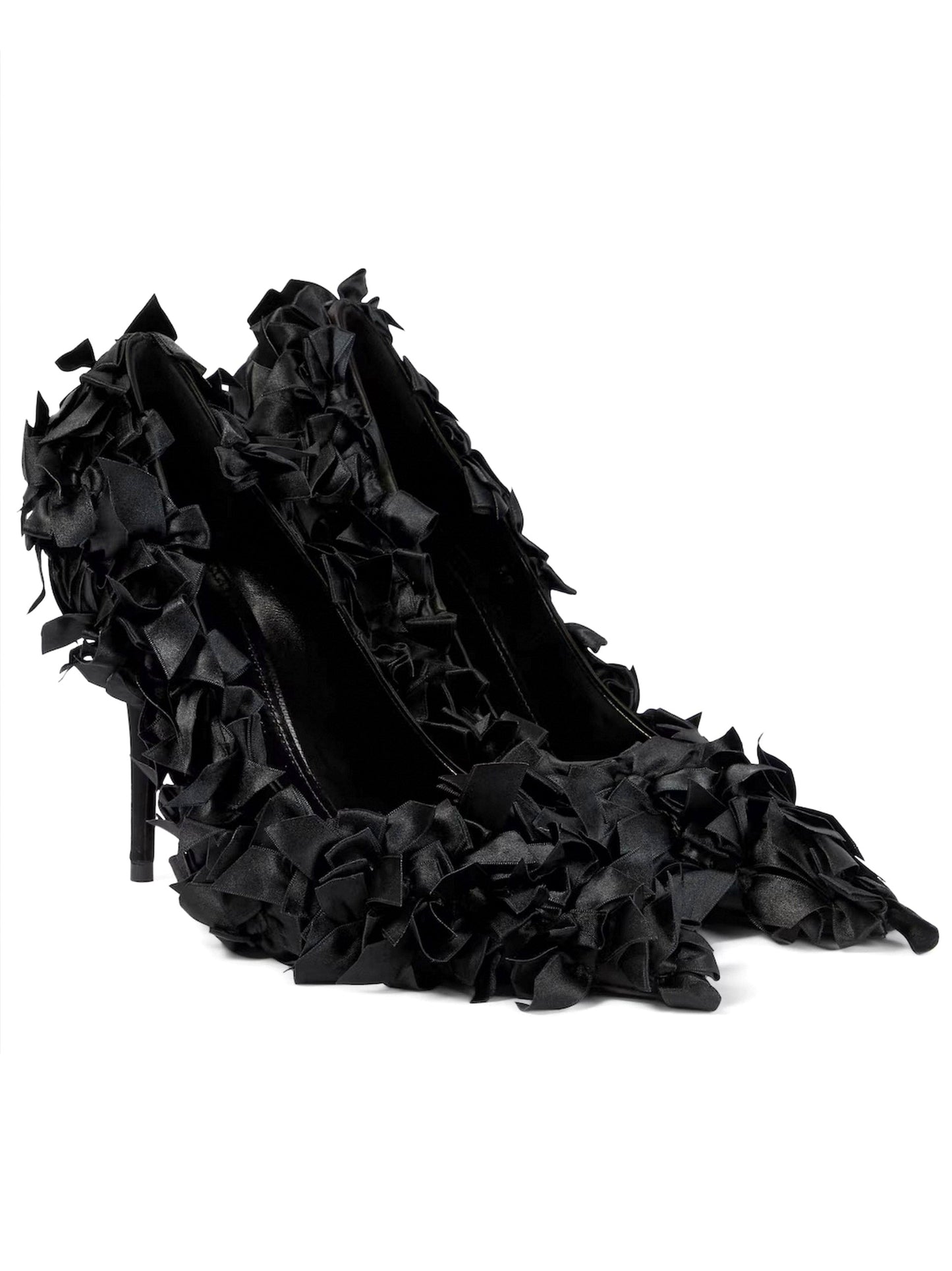 Black bow-embellished pointed toe pumps with fabric ruffles and high heels