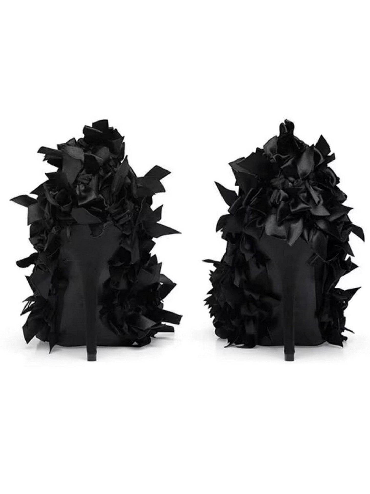Black bow-embellished pointed toe pumps with black fringed high heels for stylish elegance