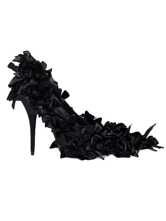 Black stiletto heel with fabric ruffles from Bow-Embellished Pointed Toe Pumps