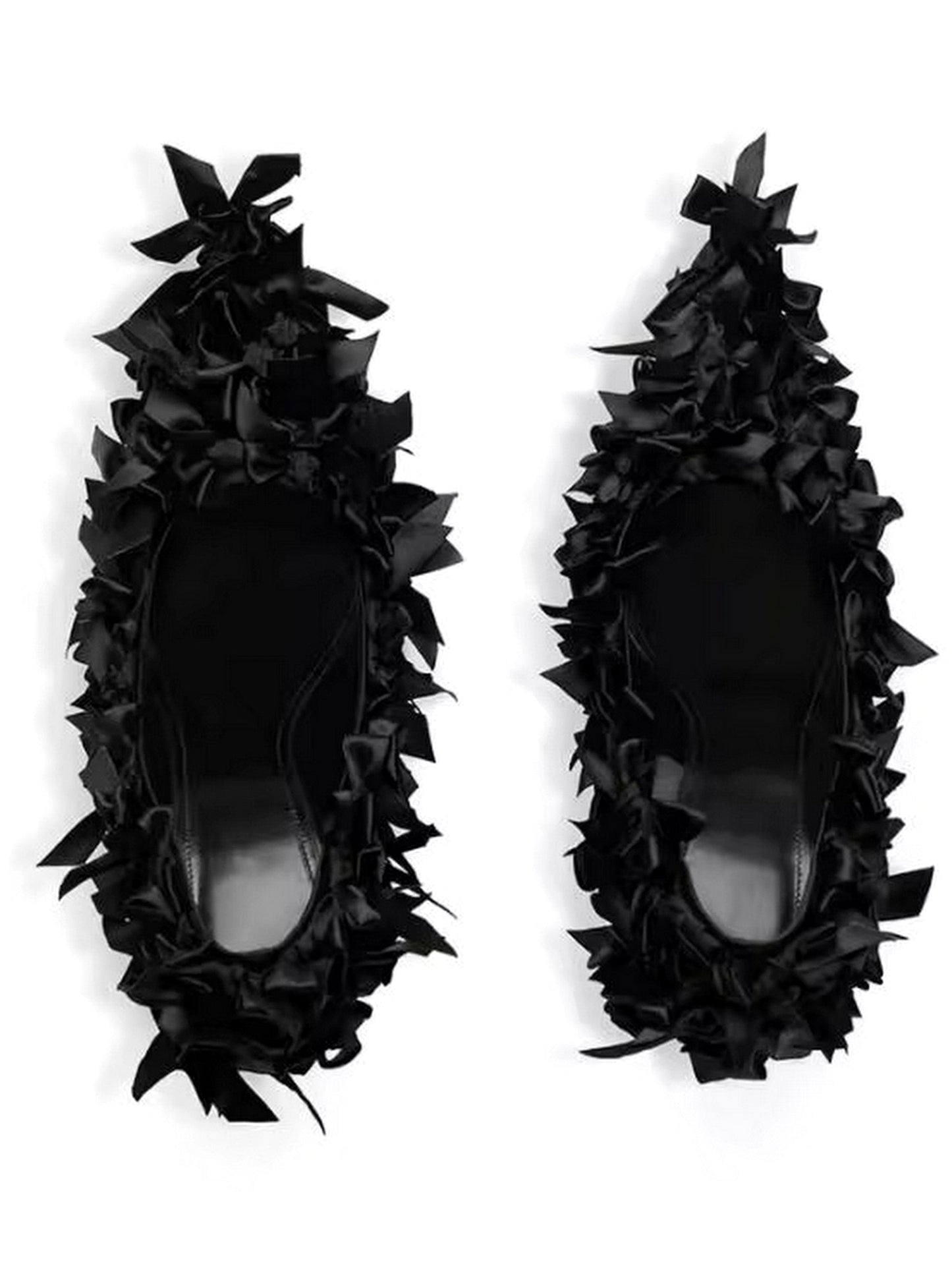 Black bow-embellished pointed toe pumps with fabric ruffles on high heels