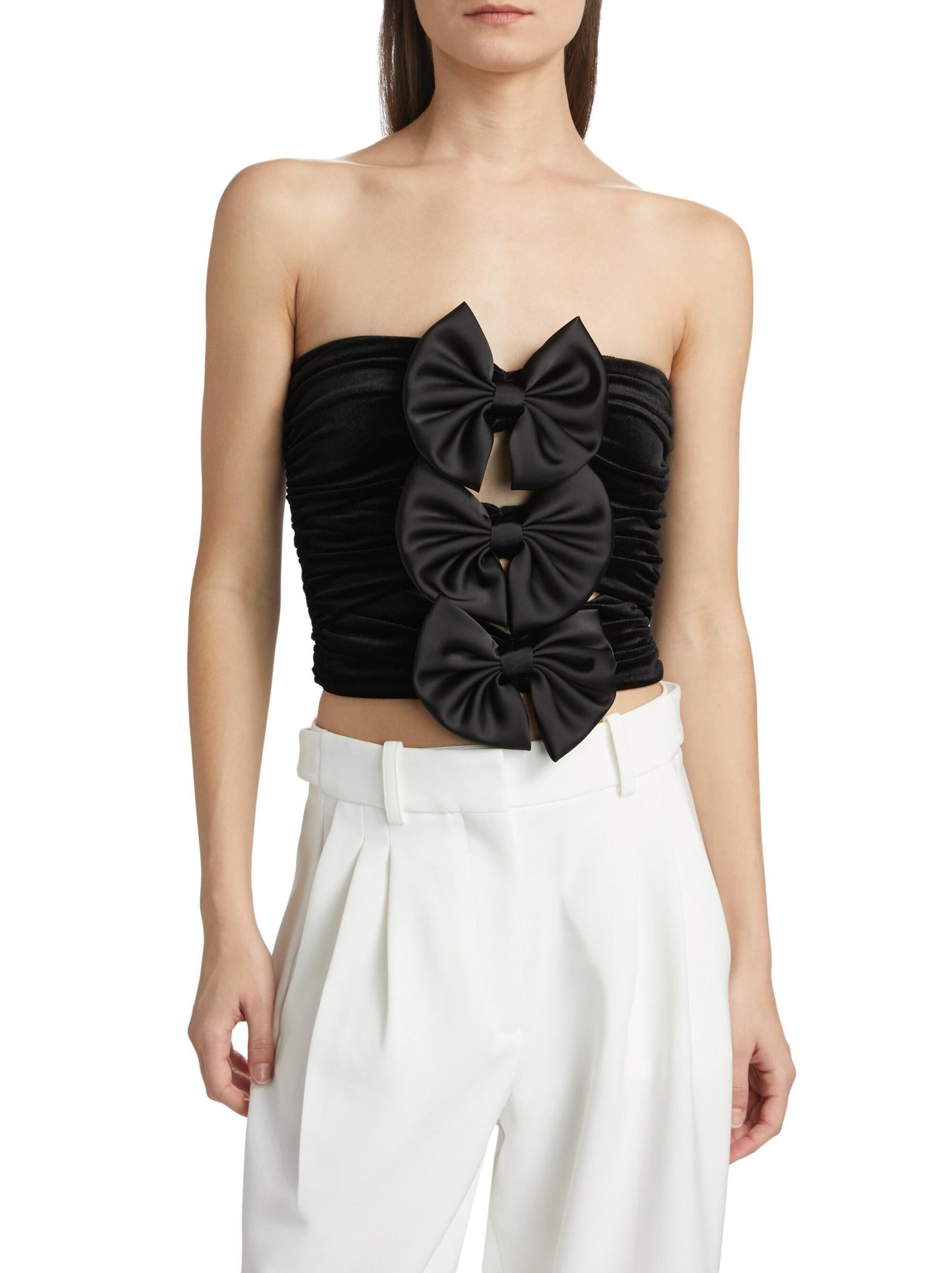 Black Bow Embellished Velvet Tube Top featuring satin bows on a sleek strapless design