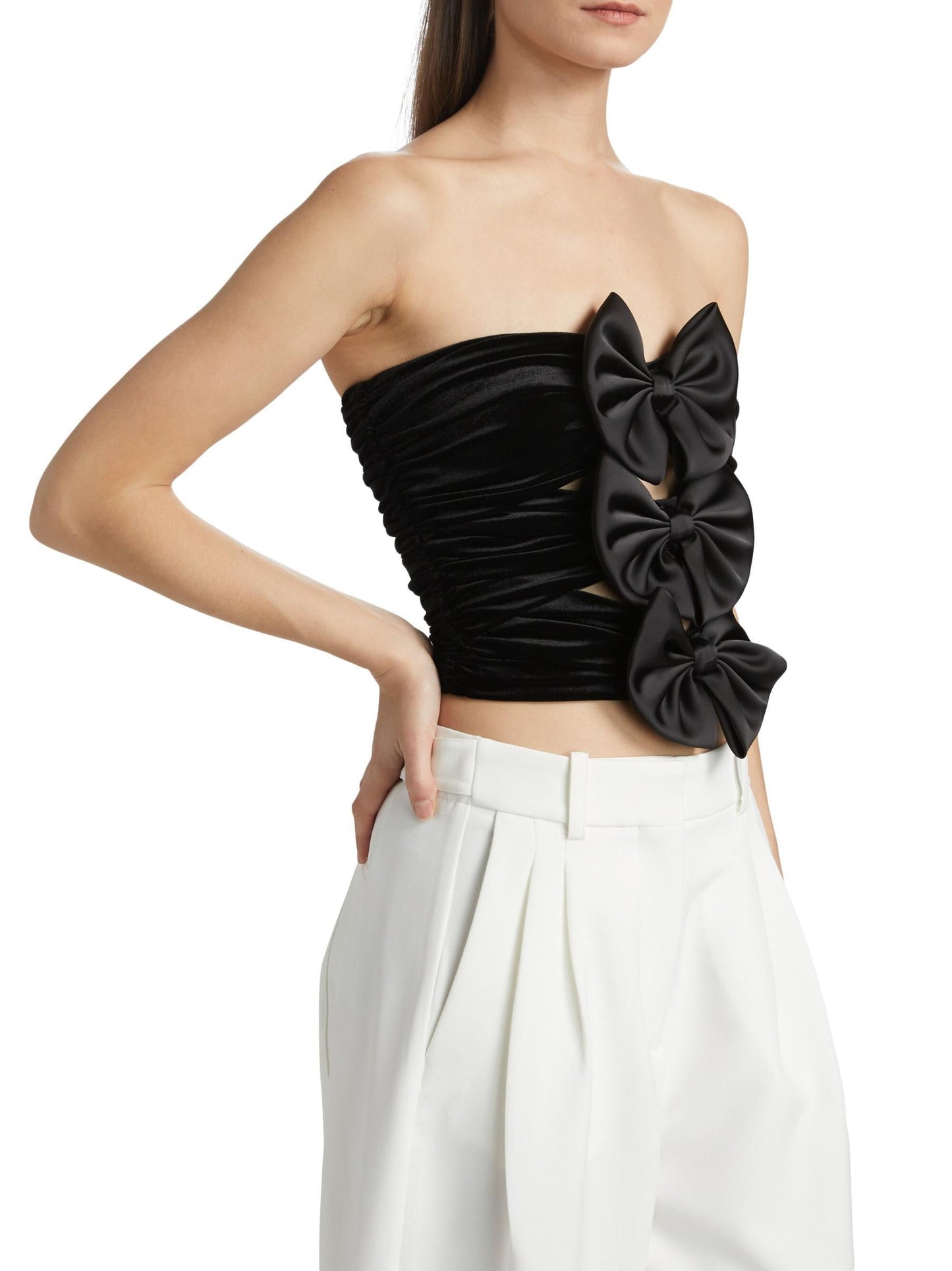 Black Bow Embellished Velvet Tube Top featuring a strapless design with satin bows
