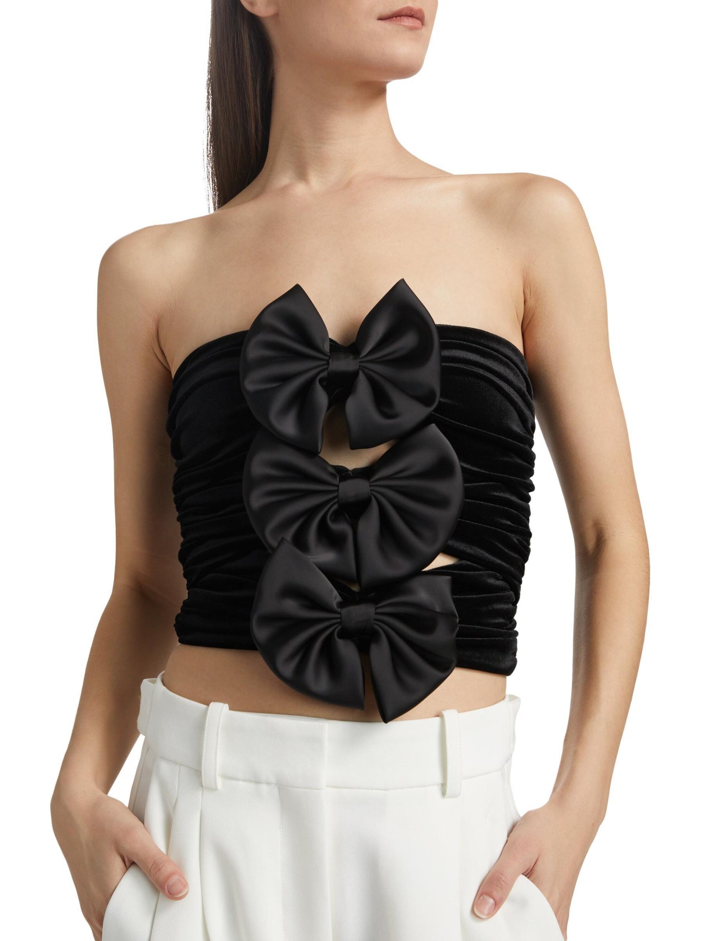 Black Bow Embellished Velvet Tube Top featuring satin bows for chic style