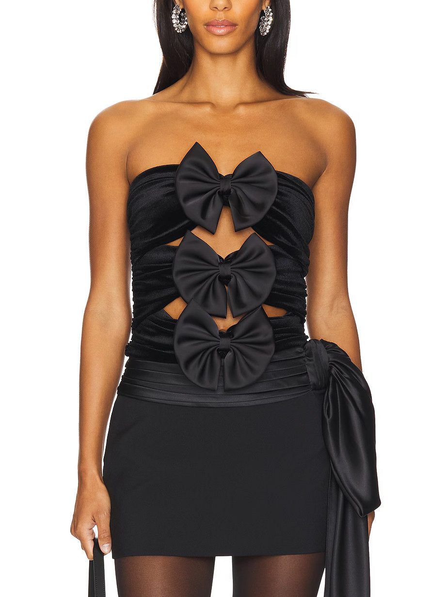 Black Bow Embellished Velvet Tube Top featuring a strapless mini dress with bow accents
