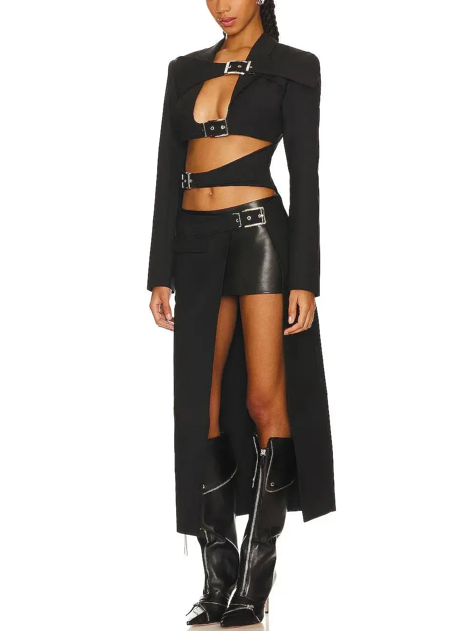Black Buckle-Embellished Long Coat - Coats