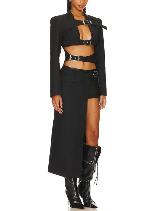 Black Buckle-Embellished Long Coat - Coats