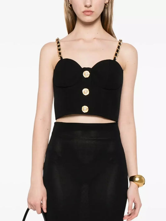 Black Bustier Top with Chain Straps and Decorative Buttons - Tops