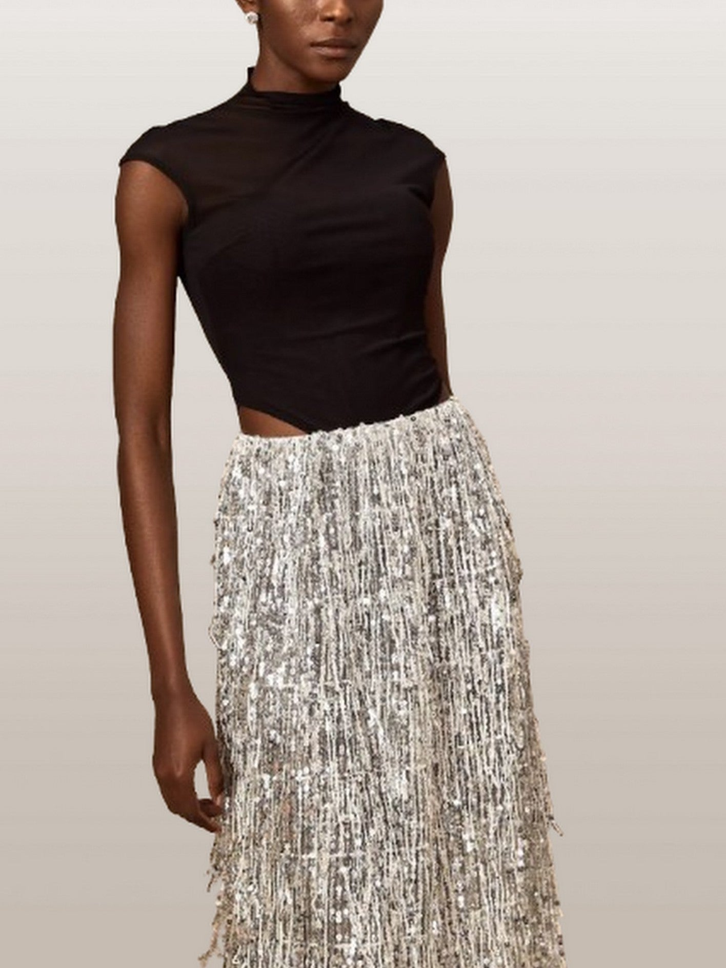 Black Corset Style Top and Tassel Sequin Skirt - Suits & Sets