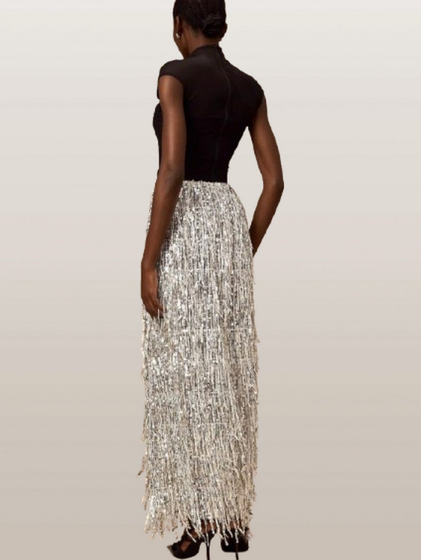 Black Corset Style Top and Tassel Sequin Skirt - Suits & Sets