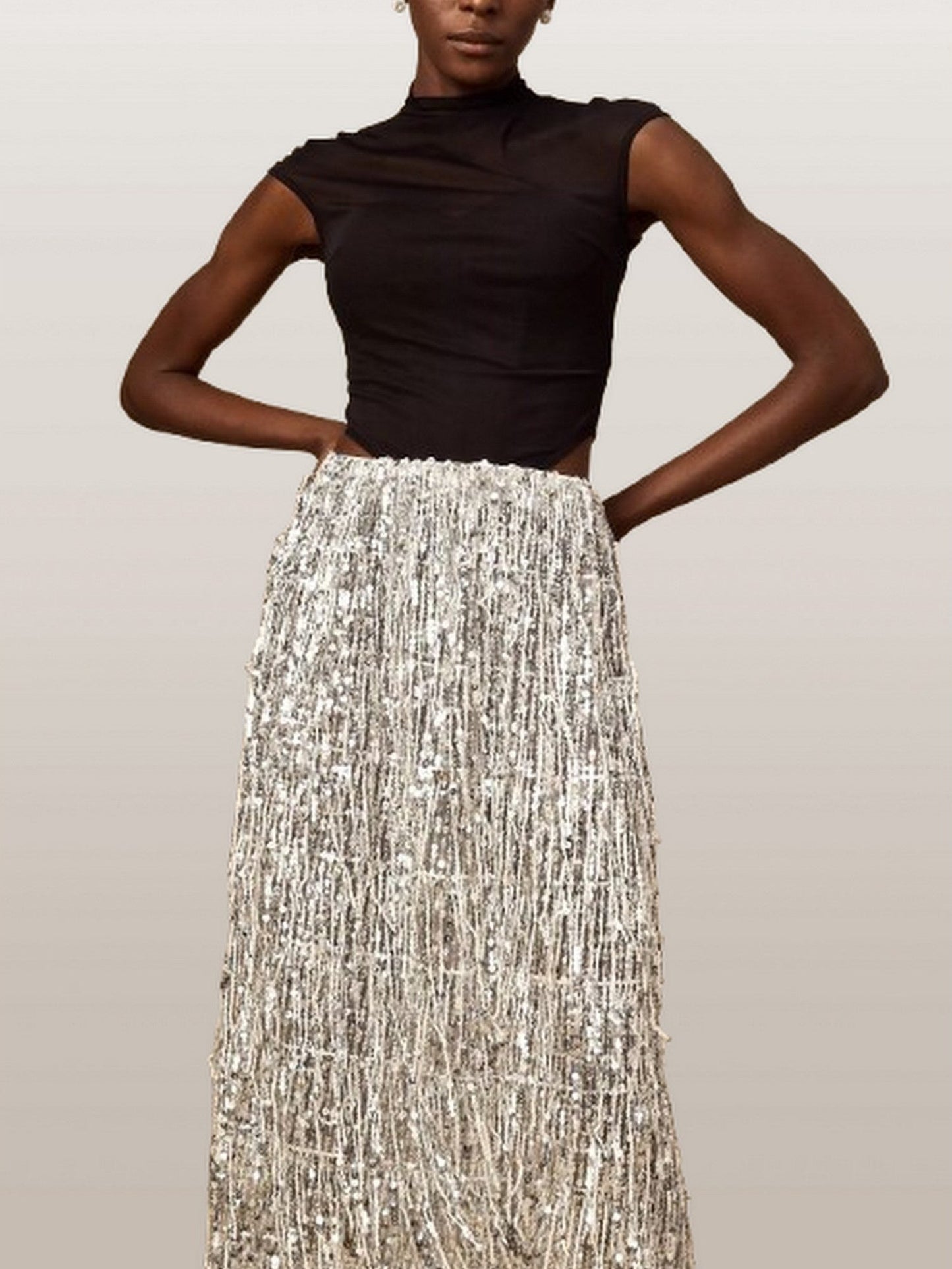 Black Corset Style Top and Tassel Sequin Skirt - Suits & Sets