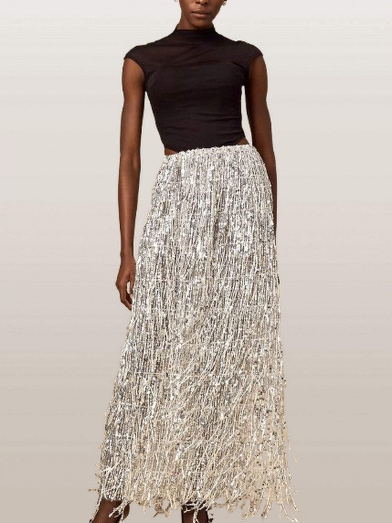 Black Corset Style Top and Tassel Sequin Skirt - Suits & Sets