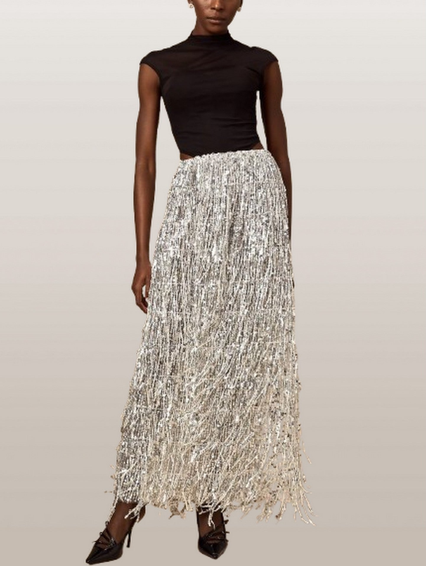 Black Corset Style Top and Tassel Sequin Skirt - Suits & Sets